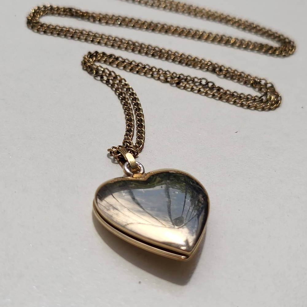 12K Gold Filled Diamond Heart Locket Necklace Vintage Etched Floral - Picture 7 of 10